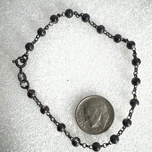 Sterling Silver 7.25" Oxidized Beaded Chain Satellite Style Bracelet Minimalist - Picture 2 of 7